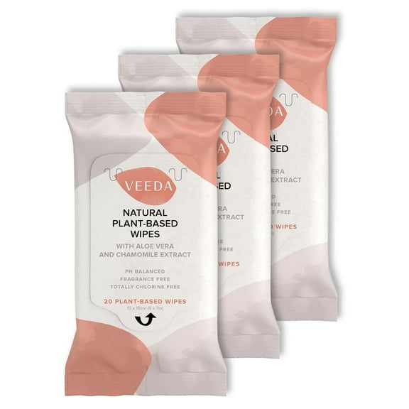 Veeda Plant-Based Feminine Wipes – pH-Balanced, Hypoallergenic & Biodegradable Wipes for Sensitive Skin, Fragrance-Free Travel Sized Wipes – 60 Count