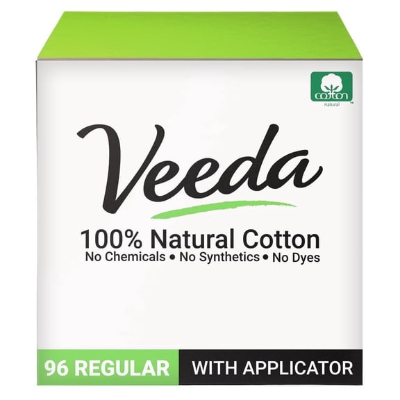 Veeda 100% Natural Cotton Tampons, Regular Absorbency, 96 Count, White