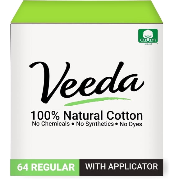 Veeda 100% Natural Cotton Tampons - Regular Absorbency with leak proof protection - Compact BPA-Free Applicator - Unscented & Free from Chlorine, Toxin - 64 Count
