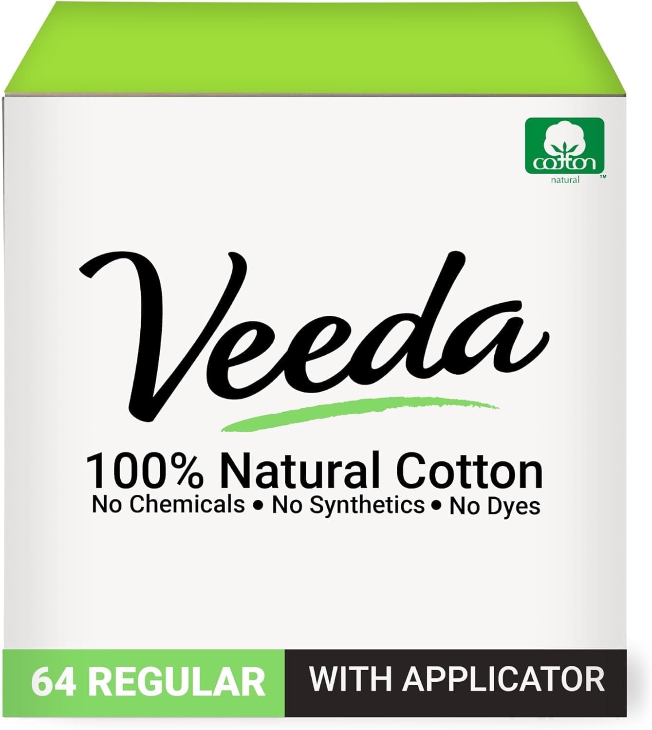 Veeda 100% Natural Cotton Tampons - Regular Absorbency with leak proof protection - Compact BPA-Free Applicator - Unscented & Free from Chlorine, Toxin - 64 Count