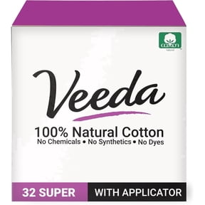 Veeda 100% Natural Cotton Tampons, Super Absorbency, 32 Count, White