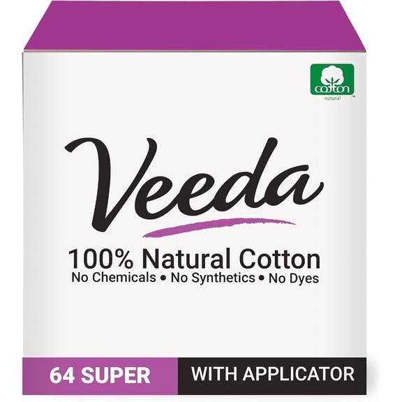 Veeda 100% Natural Cotton Tampons for Women, Super Absorbency, Leak-Proof Protection, Compact BPA-Free Applicator, Unscented, Free from Chlorine and Toxins, 64 Count