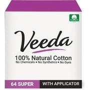 Veeda 100% Natural Cotton Tampons for Women - Super Absorbency with leak proof protection - Compact BPA-Free Applicator - Unscented & Free from Chlorine, Toxin - 64 Count