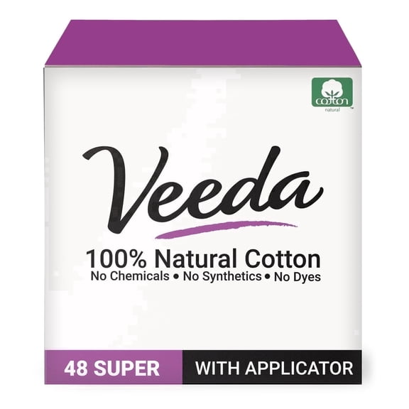Veeda 100% Natural Cotton Tampons for Women, Super Absorbency, Leak-Proof Protection, Compact BPA-Free Applicator, Unscented, Free from Chlorine and Toxins, 48 Count