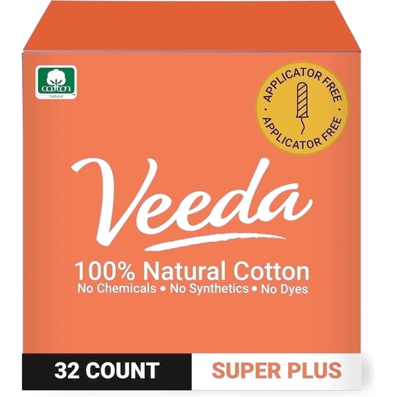 Veeda 100% Natural Cotton Tampons Super Plus Absorbency - Non-Applicator Tampons with leak proof protection - Unscented & Toxin Free - 32 Count