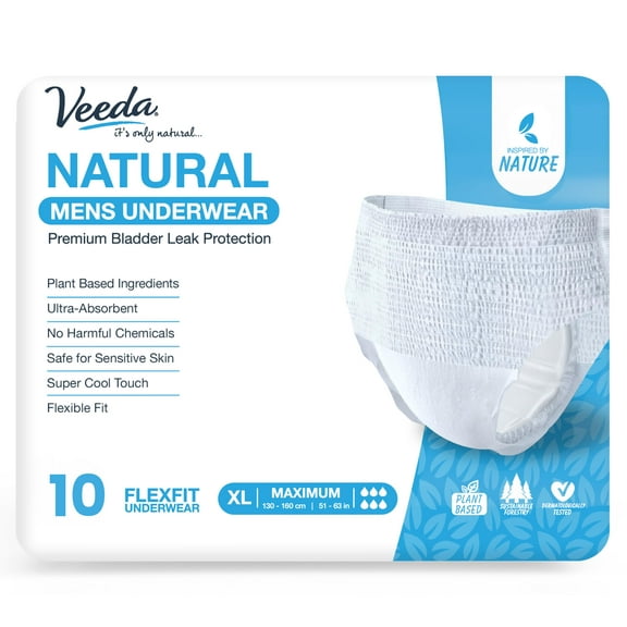 Veeda Natural Adult Incontinence Underwear for Men - Disposable Underwear for Bladder Leakage Protection - Adult Diapers for Men with Maximum Absorbency - X-Large Size - 10 Count