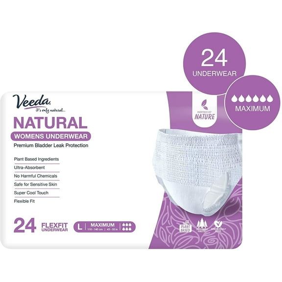 Veeda Natural Adult Incontinence Underwear for Women - Postpartum Underwear for Bladder Leakage Protection - Disposable Underwear with Maximum Absorbency - Large Size - 24 Count