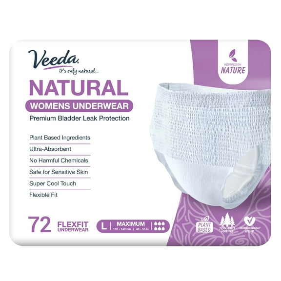Veeda Natural Adult Incontinence Underwear for Women - Postpartum Underwear for Bladder Leakage Protection - Disposable Underwear with Maximum Absorbency - Large Size - 72 Count