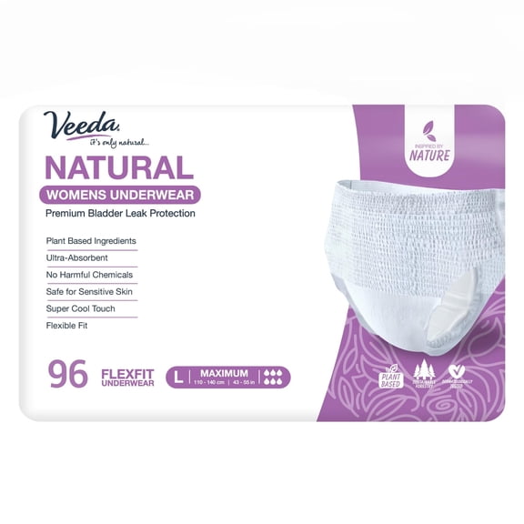 Veeda Natural Adult Incontinence Underwear for Women - Postpartum Underwear for Bladder Leakage Protection - Disposable Underwear with Maximum Absorbency - Large Size - 96 Count