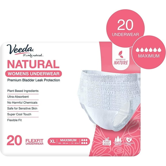 Veeda Natural Adult Incontinence Underwear for Women - Postpartum Underwear for Bladder Leakage Protection - Disposable Underwear with Maximum Absorbency - X-Large Size - 20 Count