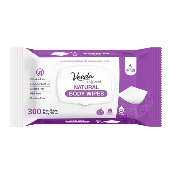 Veeda Natural Cotton Body Wipes for Adults - 300 Count, Hypoallergenic & Unscented Personal Cleansing Wipes