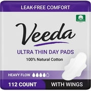Veeda Natural Cotton Day Pads for Women - Heavy Flow Absorbent Ultra-Thin Feminine Pads with Wings - Hypoallergenic Period Pad - Unscented & Chlorine Free Sanitary Napkins - 112 Count