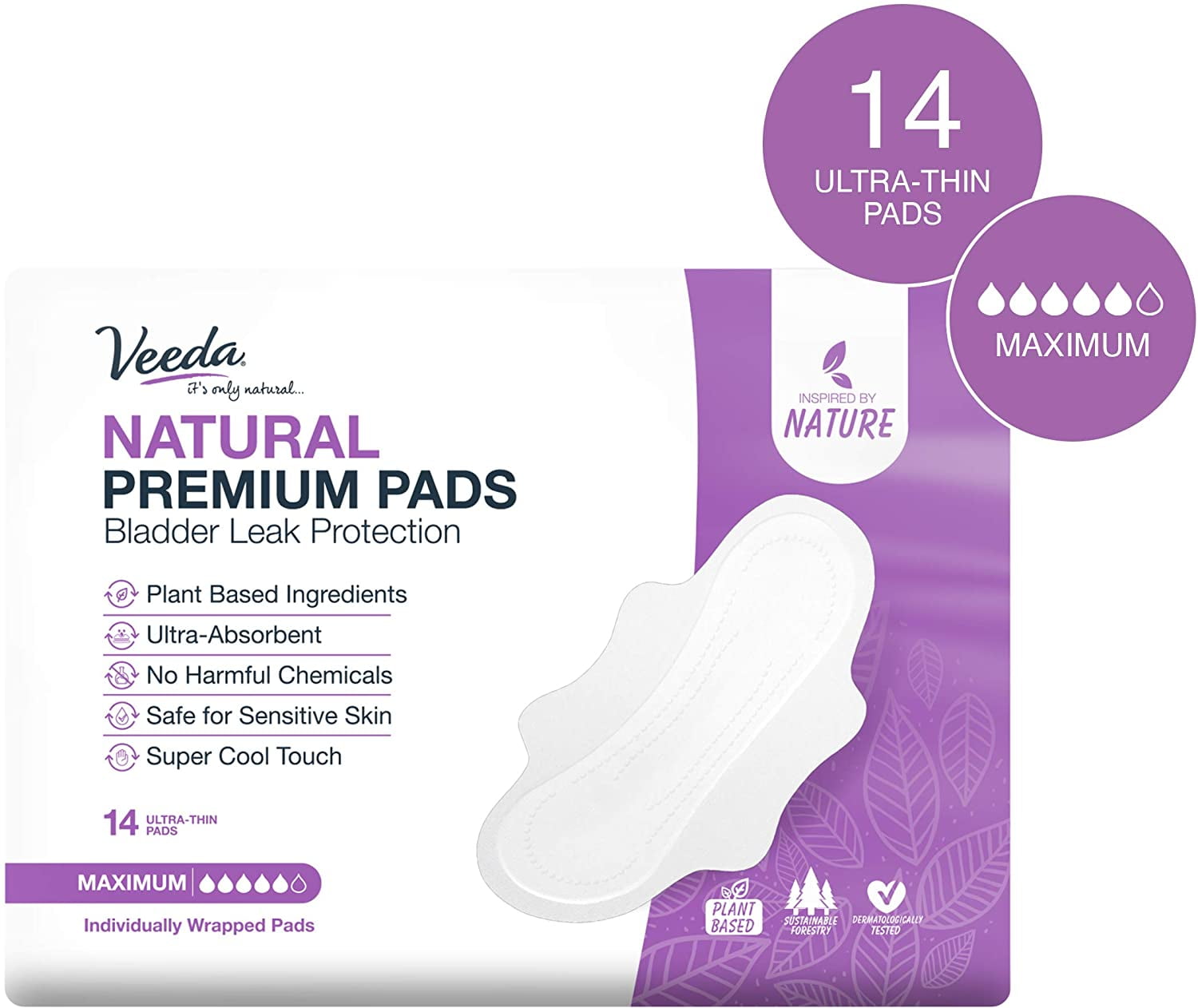Veeda Natural Premium Incontinence Pads, for Bladder Leakage Protection