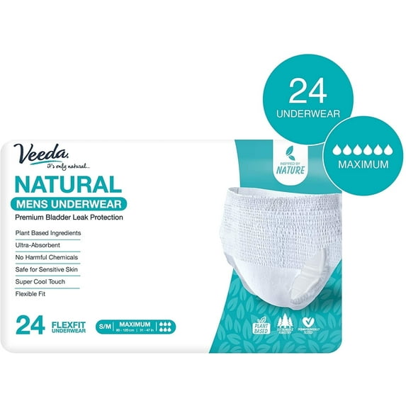 Veeda Natural Adult Incontinence Underwear for Men - Disposable Underwear for Bladder Leakage Protection - Adult Diapers for Men with Maximum Absorbency - Small/Medium Size - 24 Count