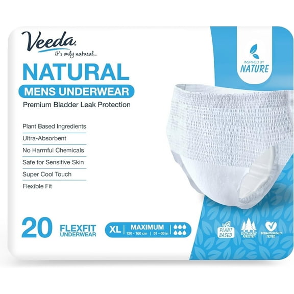 Veeda Natural Adult Incontinence Underwear for Men - Disposable Underwear for Bladder Leakage Protection - Adult Diapers for Men with Maximum Absorbency - X-Large Size - 20 Count