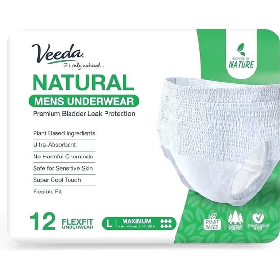 Veeda Natural Adult Incontinence Underwear for Men - Disposable Underwear for Bladder Leakage Protection - Adult Diapers for Men with Maximum Absorbency - Large Size - 12 Count