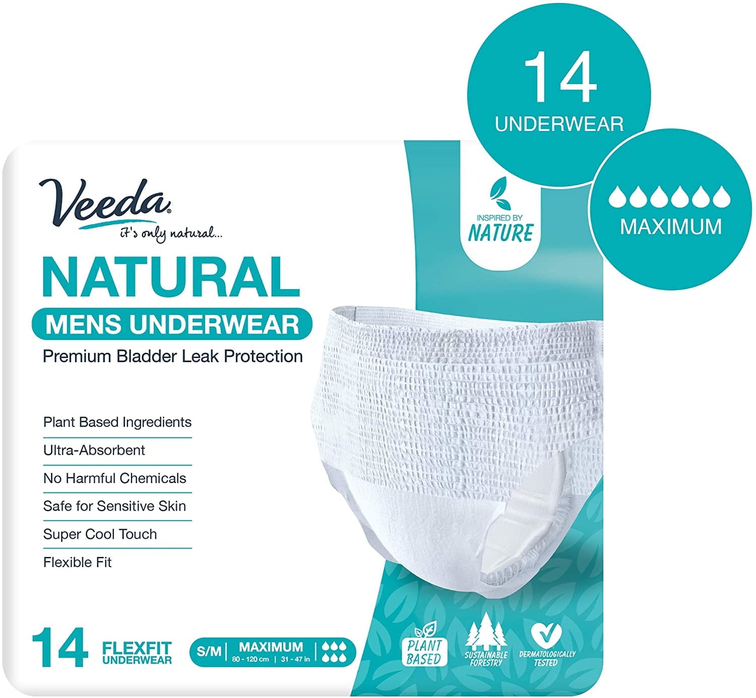 Veeda Natural Premium Incontinence Underwear for Men, for Bladder Leakage  Protection, Maximum Absorbency, Small/Medium Size, 14 Count 