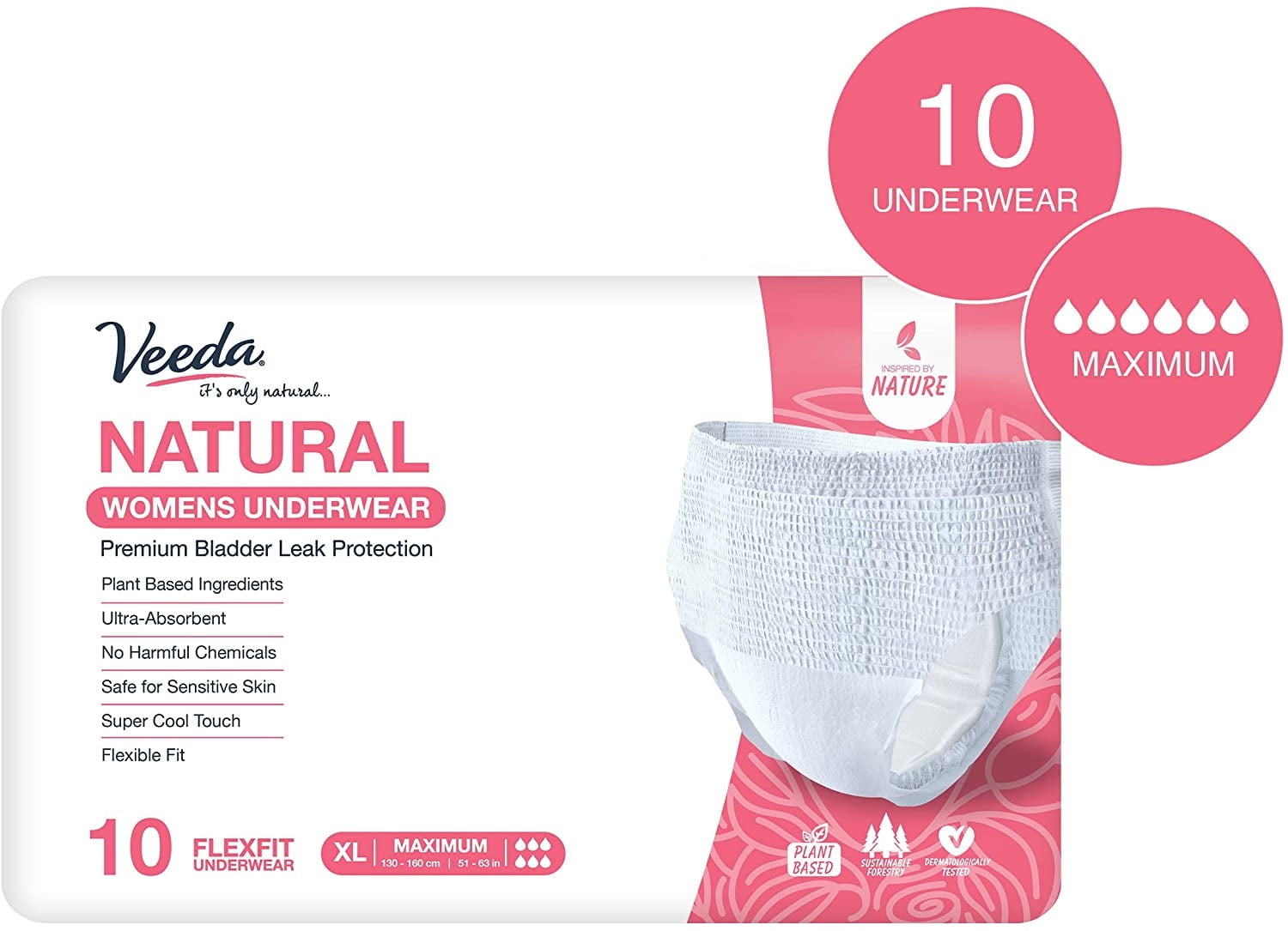 Veeda Natural Premium Incontinence Underwear for Women, for Bladder Leakage  Protection, Maximum Absorbency, Extra Large Size, 10 Count 