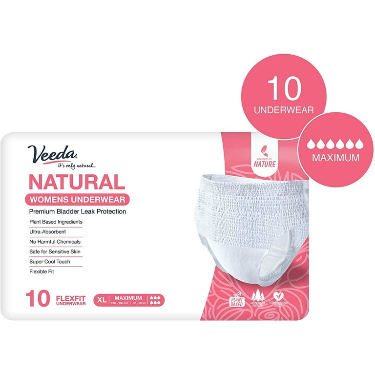 Veeda Natural Premium Incontinence Underwear for Women, for Bladder Leakage  Protection, Maximum Absorbency, Extra Large Size, 10 Count