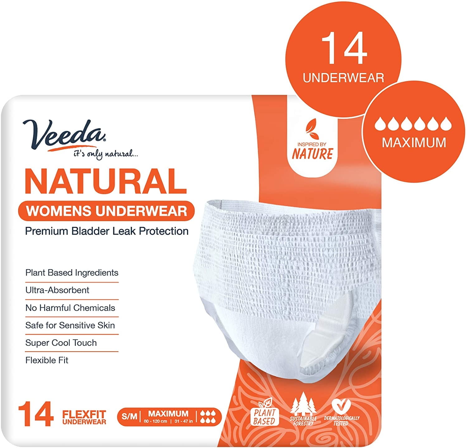 Veeda Natural Premium Incontinence Underwear for Women, for Bladder Leakage  Protection, Maximum Absorbency, Small/Medium Size, 14 Count 