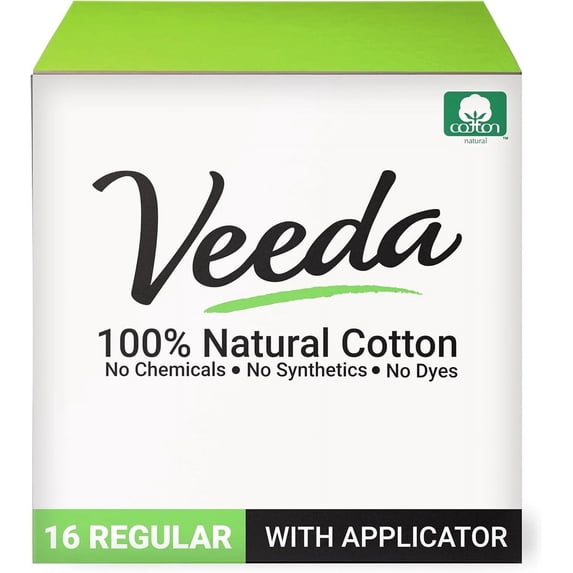 Veeda 100% Natural Cotton Tampons - Regular Absorbency with leak proof protection - Compact BPA-Free Applicator - Unscented & Free from Chlorine, Toxin - 16 Count