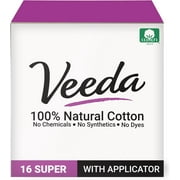 Veeda 100% Natural Cotton Tampons - Super Absorbency with leak proof protection - Compact BPA-Free Applicator - Unscented & Free from Chlorine, Toxin - 16 Count