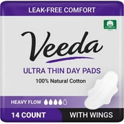Veeda Natural Cotton Day Pads for Women - Heavy Flow Absorbent Ultra-Thin Feminine Pads with Wings - Hypoallergenic Period pads - Unscented & Chlorine free Sanitary Napkins - 14 Count