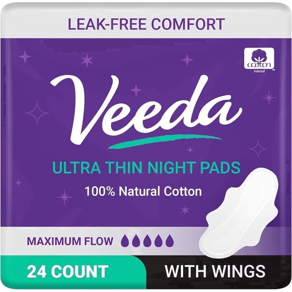 Veeda Night Pads for Women, Overnight Heavy Flow Absorbent Feminine Pads with Wings, Hypoallergenic, 24 Count