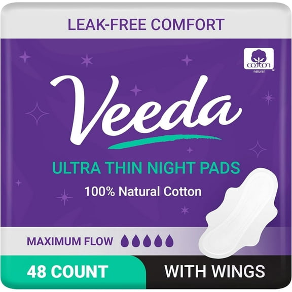 Veeda Natural Cotton Night Pads for Women - Overnight Heavy Flow Absorbent Ultra-Thin Feminine Pad - Hypoallergenic Period Pads with Wings - Unscented & Chlorine Free Sanitary Napkins - 48 Count