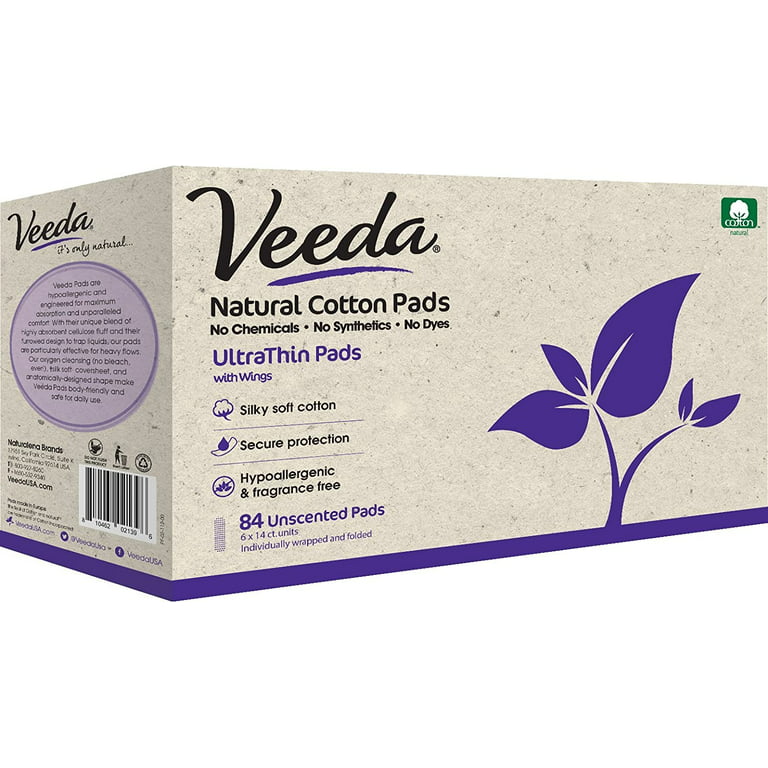 Veeda Natural Cotton Day Pads for Women, Hypoallergenic, Chlorine and  Fragrance Free, Ultra-Thin pads with wings, Heavy Flow Absorbent, Sanitary