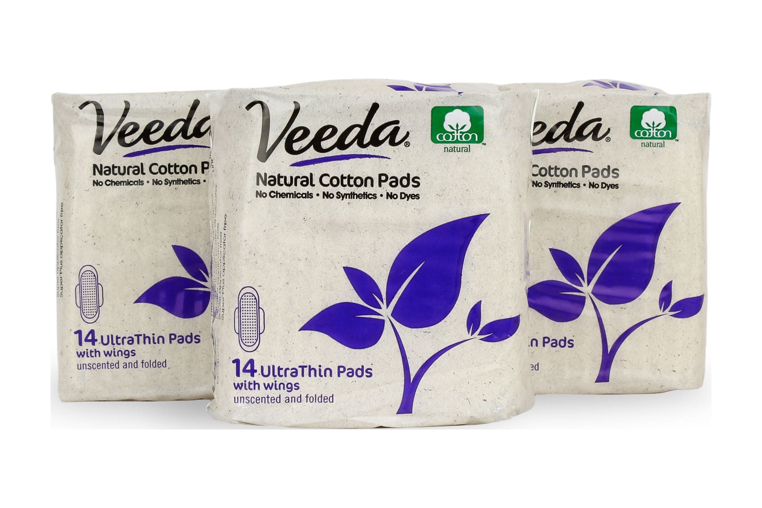 Veeda Ultra Thin Super Absorbent Day Pads Are Always Chlorine Pesticide Dye  and Fragrance Free Natural Cotton Sanitary Napkins, 3 Packs of 14 Count