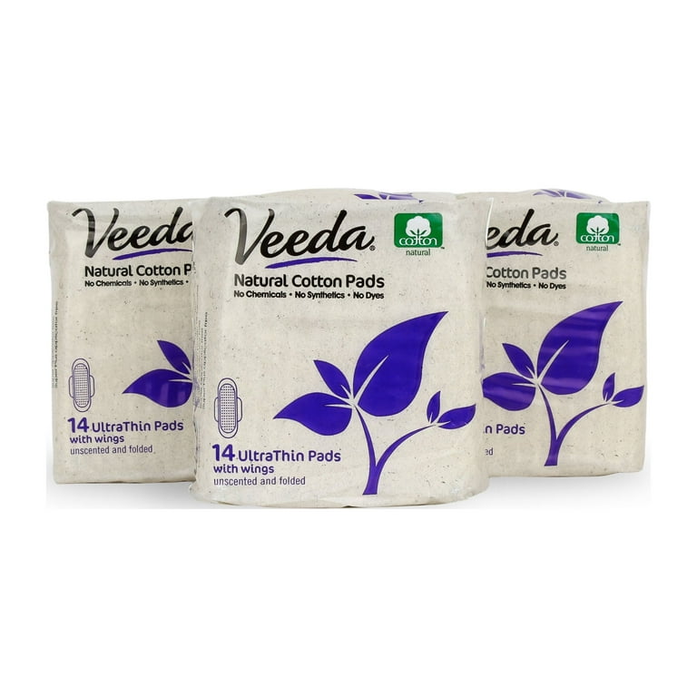Veeda Ultra Thin Super Absorbent Day Pads Are Always Chlorine Pesticide Dye  and Fragrance Free Natural Cotton Sanitary Napkins, 3 Packs of 14 Count  Each 