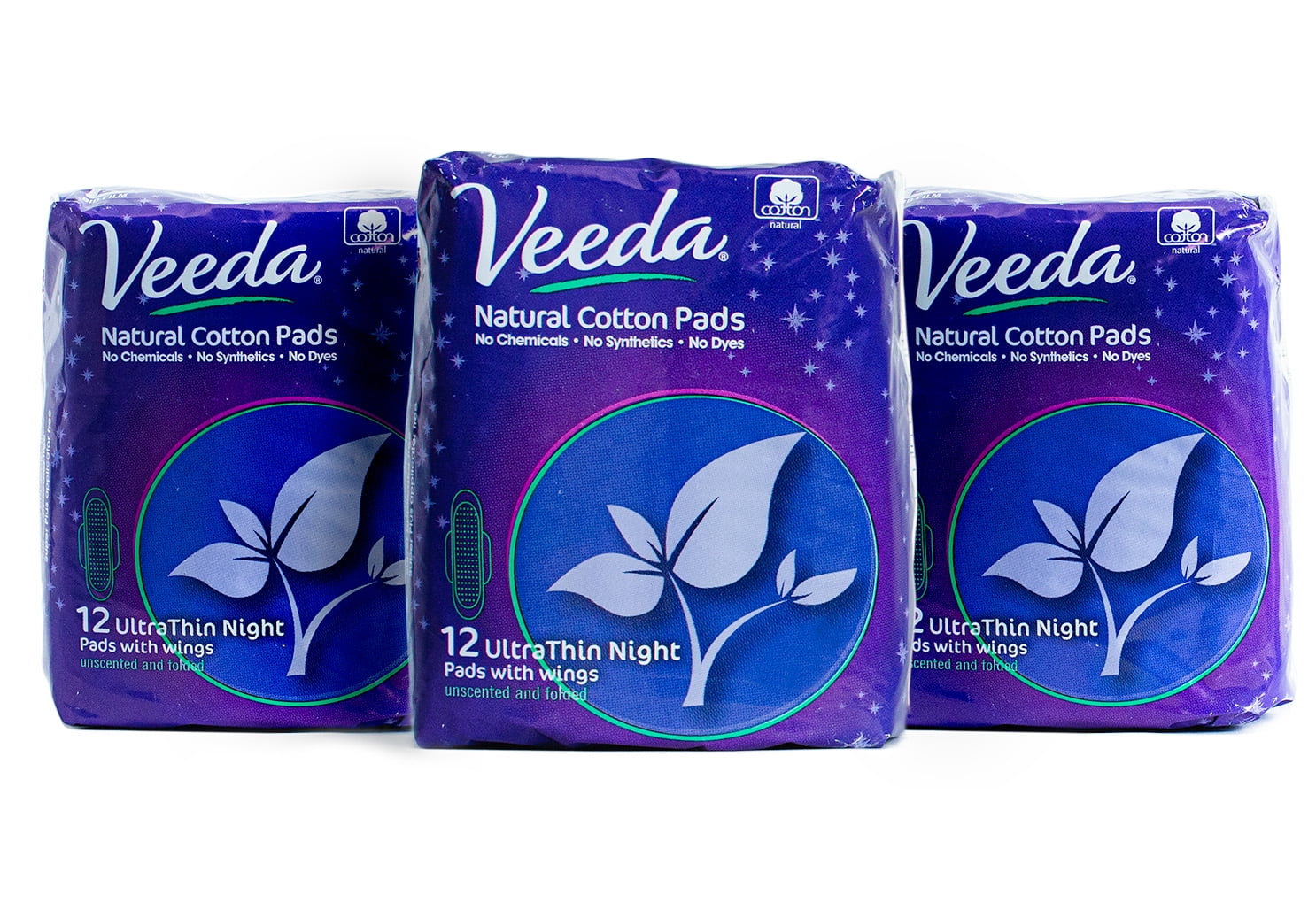 Veeda Ultra Thin Super Absorbent Night Pads are Always Chlorine Pesticide  Dye and Fragrance Free Natural Cotton Sanitary Napkins, 3 Packs of 12 Count  Each 