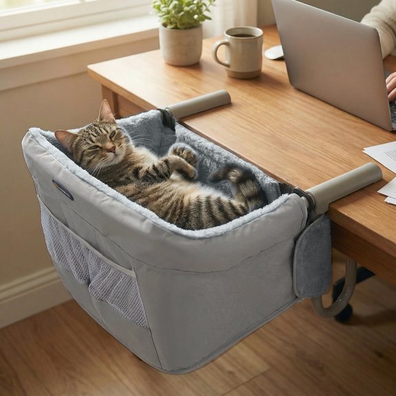 Veehoo Cat Desk Hammock Bed, Dog High Chair for Table, Cat Desk Perch Seatmate Chairs for Dogs, Soft Faux Rabbit Fur Material, Suitable for Various Desktops-Maximum Hold Up to 50lb