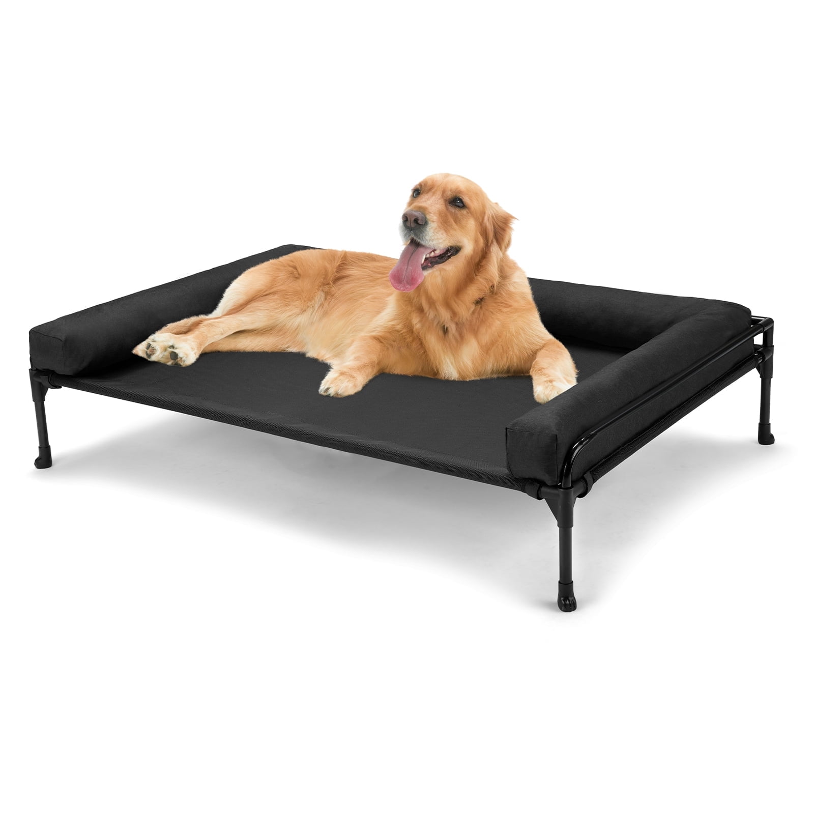 Veehoo Cooling Elevated Dog Bed with Removable Bolster, Raised Dog Sofa Bed for Large Sized Dogs, Indoor and Outdoor Metal Elevated Dog Cot with No-Slip Feet & Washable Textilene Mesh, X-Large, Black
