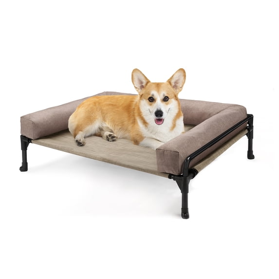 Veehoo Cooling Elevated Dog Bed with Removable Bolster, Raised Dog Sofa Bed for Medium Sized Dogs, Indoor and Outdoor Metal Dog Cot with No-Slip Feet & Washable Textilene Mesh, Medium, Beige Coffee