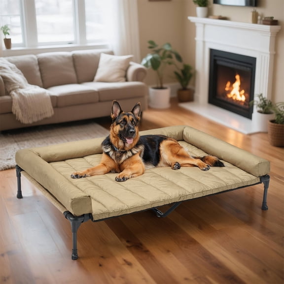Veehoo Cooling Elevated Dog Bed + Waterproof Removable Pillow-Top Mat, 53 inches, Beige Coffee