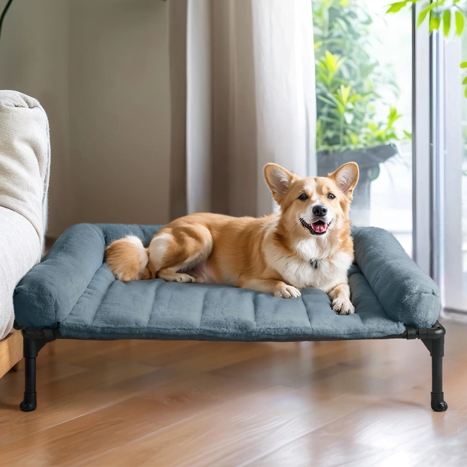 Veehoo Cooling Elevated Dog Bed with Fluffy Plush Bolster Cushion, 32 x 25 inches, Medium, Haze Blue