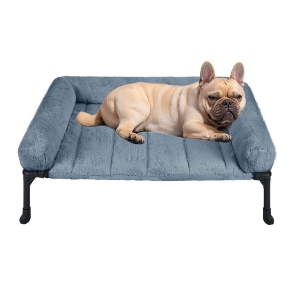 Veehoo Cooling Elevated Dog Bed with Fluffy Plush Bolster Cushion, 32 x 25 inches, Medium, Haze Blue