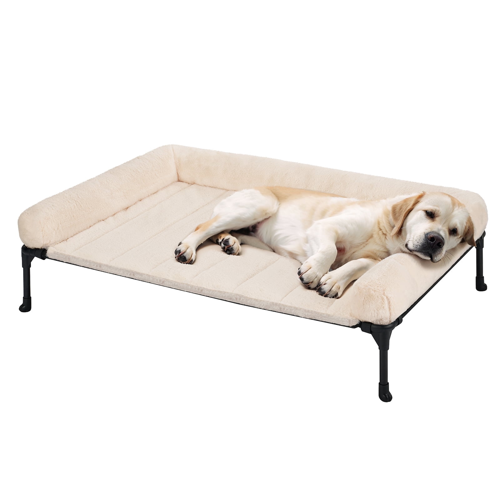 Veehoo Cooling Elevated Dog Bed with Fluffy Plush Bolster Cushion, 42 x 30 inches, Cream White