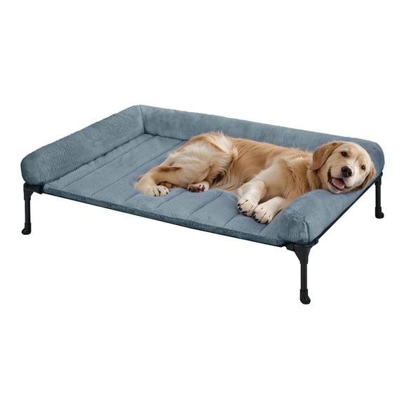 Veehoo Cooling Elevated Dog Bed with Fluffy Plush Bolster Cushion, 42 x 30 inches, Large, Haze Blue