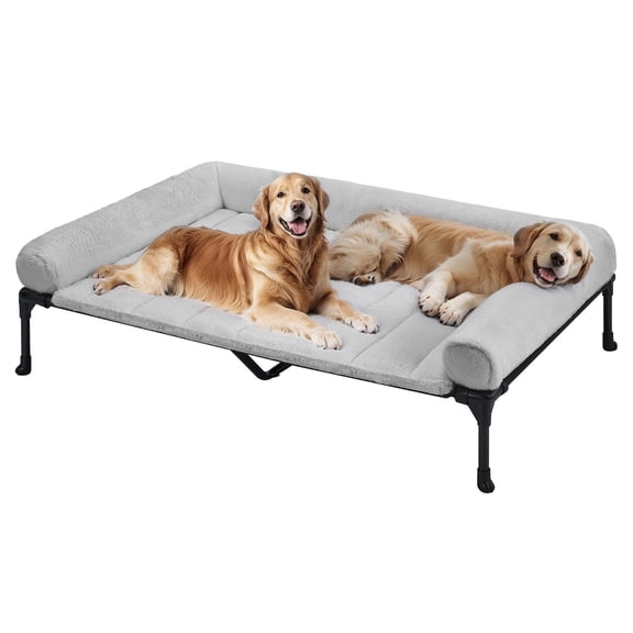 Veehoo Cooling Elevated Dog Bed with Fluffy Plush Bolster Cushion, 59 x 37 inches, Grey