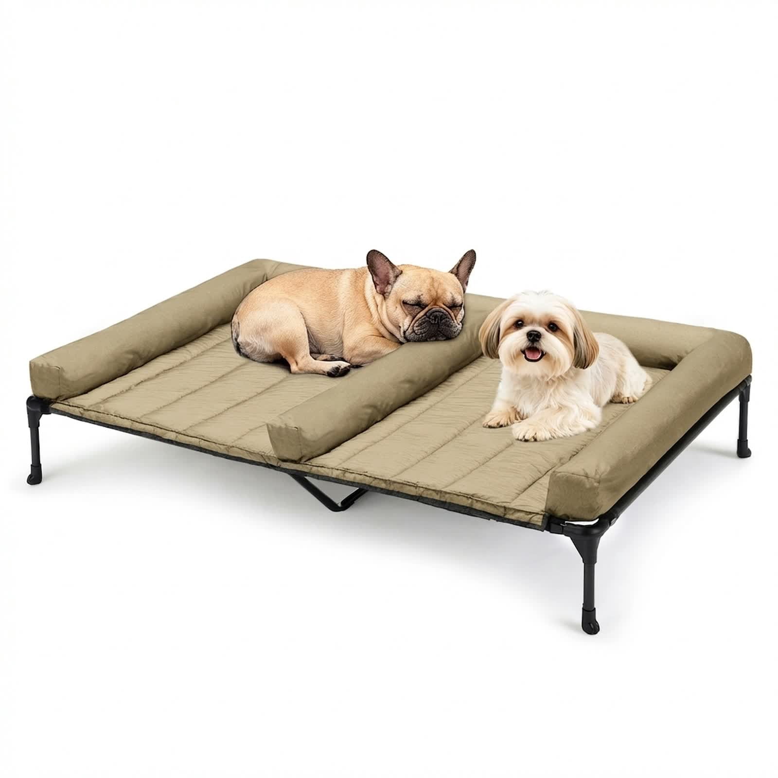 Veehoo Cooling Raised Dog Bed + Removable Double Dog Bed Cushion for Two Medium Dogs, Elevated Dog Bed with Waterproof Bolster Mat, Breathable Mesh, No-Slip Feet, 49" x 33" Dog Couch Bed, Beige