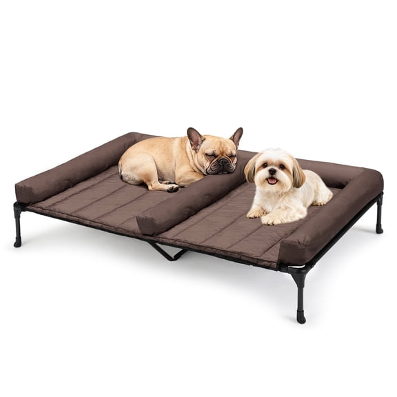 Veehoo Cooling Raised Dog Bed + Removable Double Dog Bed Cushion for Two Medium Dogs, Elevated Dog Bed with Waterproof Bolster Mat, Breathable Mesh, No-Slip Feet, Dog Couch Bed, Brown CWC2331D