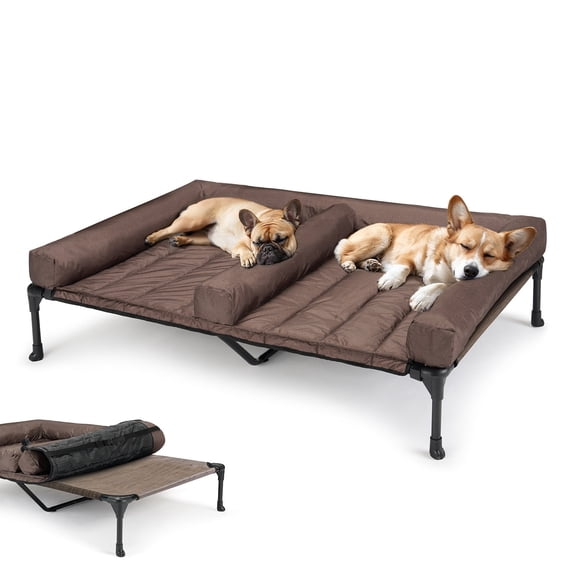 Veehoo Cooling Raised Dog Bed + Removable Double Dog Bed Cushion for Two Medium Dogs, Elevated Dog Bed with Waterproof Bolster Mat, Breathable Mesh, No-Slip Feet, Dog Couch Bed, Brown CWC2331D