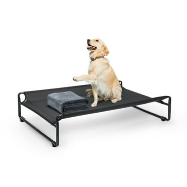 Veehoo Elevated Dog Bed with Dog Blanket, Outdoor Guardrail Raised Pet Cot, Large, Black
