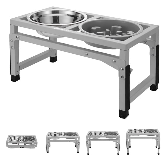 Veehoo Elevated Dog Bowls, Adjustable Metal Dog Dish Stand with 2 Food Bowls & 1 Slow Feeder, Grey