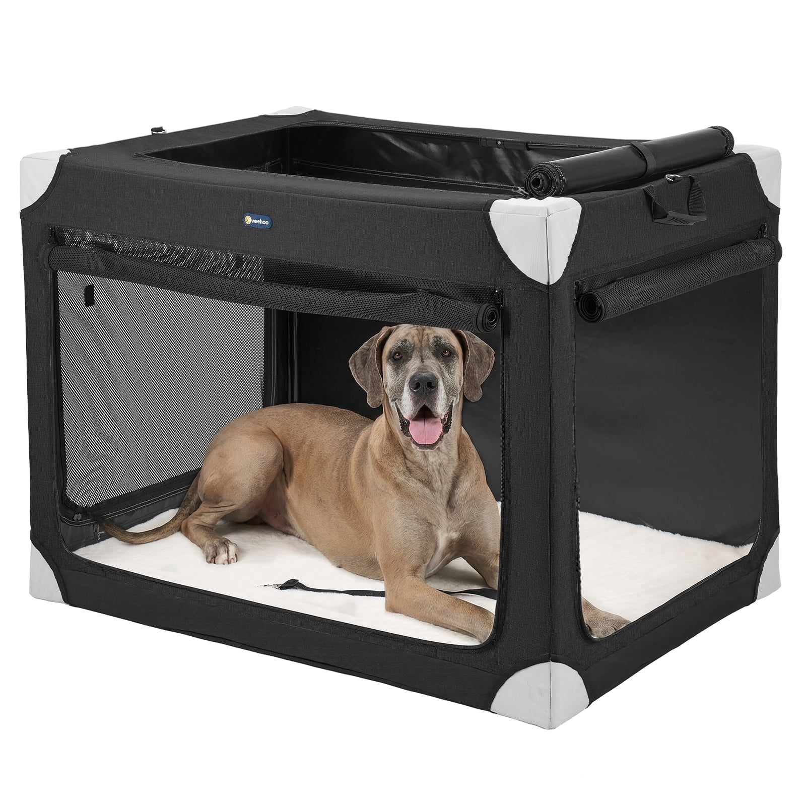 Veehoo 48" Large Soft Dog Crate, Collapsible Travel Pet Kennel with 4-Door Mesh Windows