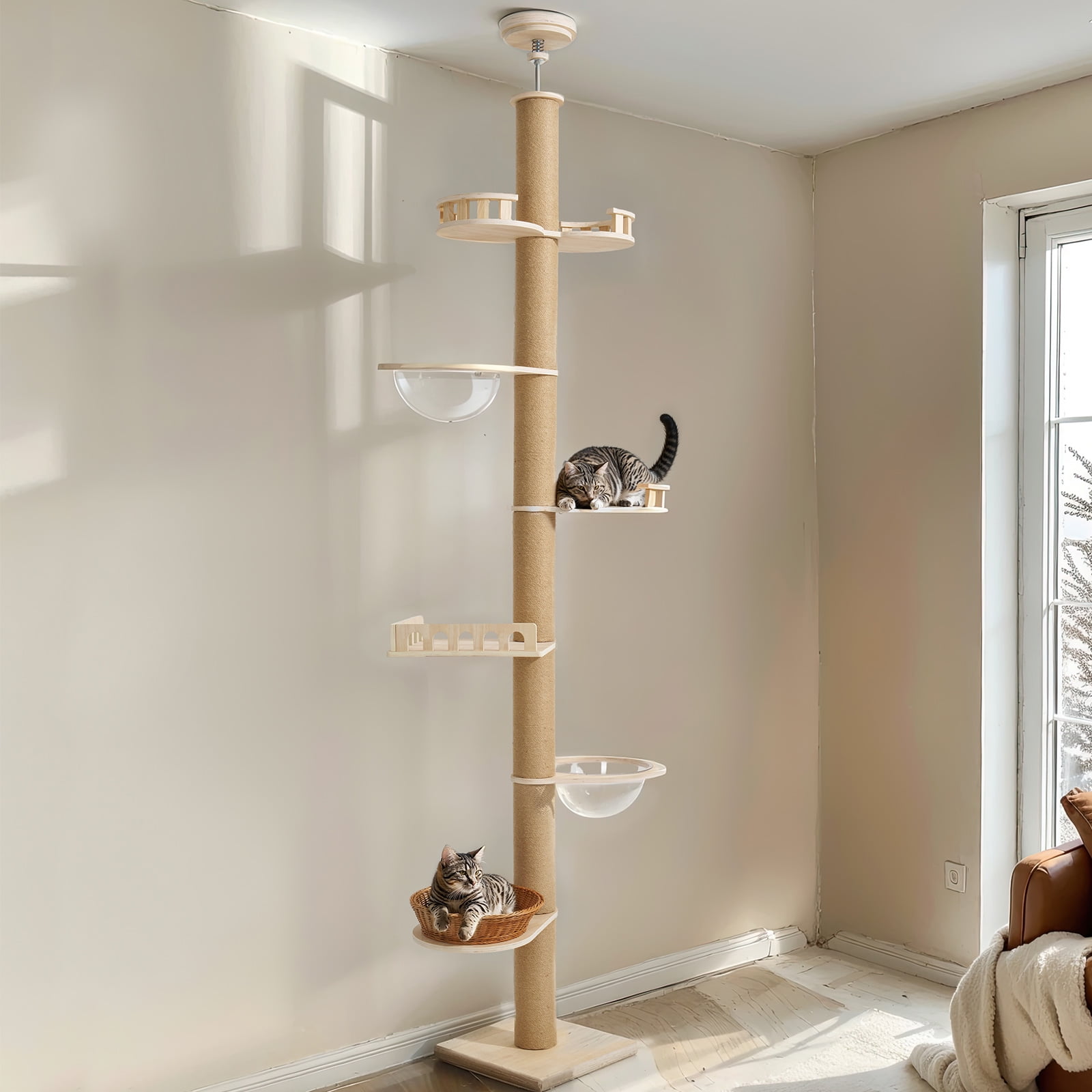 Veehoo Floor to Ceiling Cat Tree Height 106-123 Inch Adjustable with 4.3" Thickened Scratching Posts