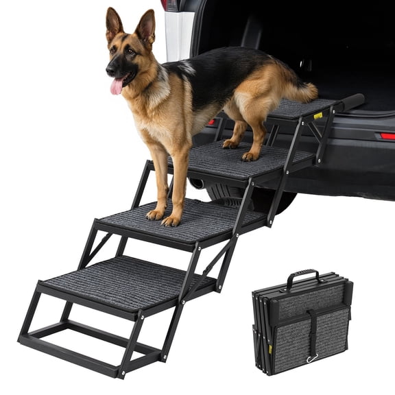 Veehoo Foldable Dog Steps for Large Dogs, 4 Steps Folding Dog Ramp for Car Vehicle 17" Wide, Heavy Duty Outdoor Pet Stairs Ladder Portable with Non Slip Rug Surface for Dogs, Support up to 200 lbs